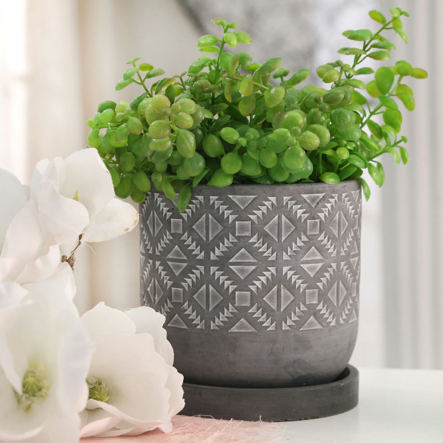 6" Diamond Pattern Planter W/saucer, Gray