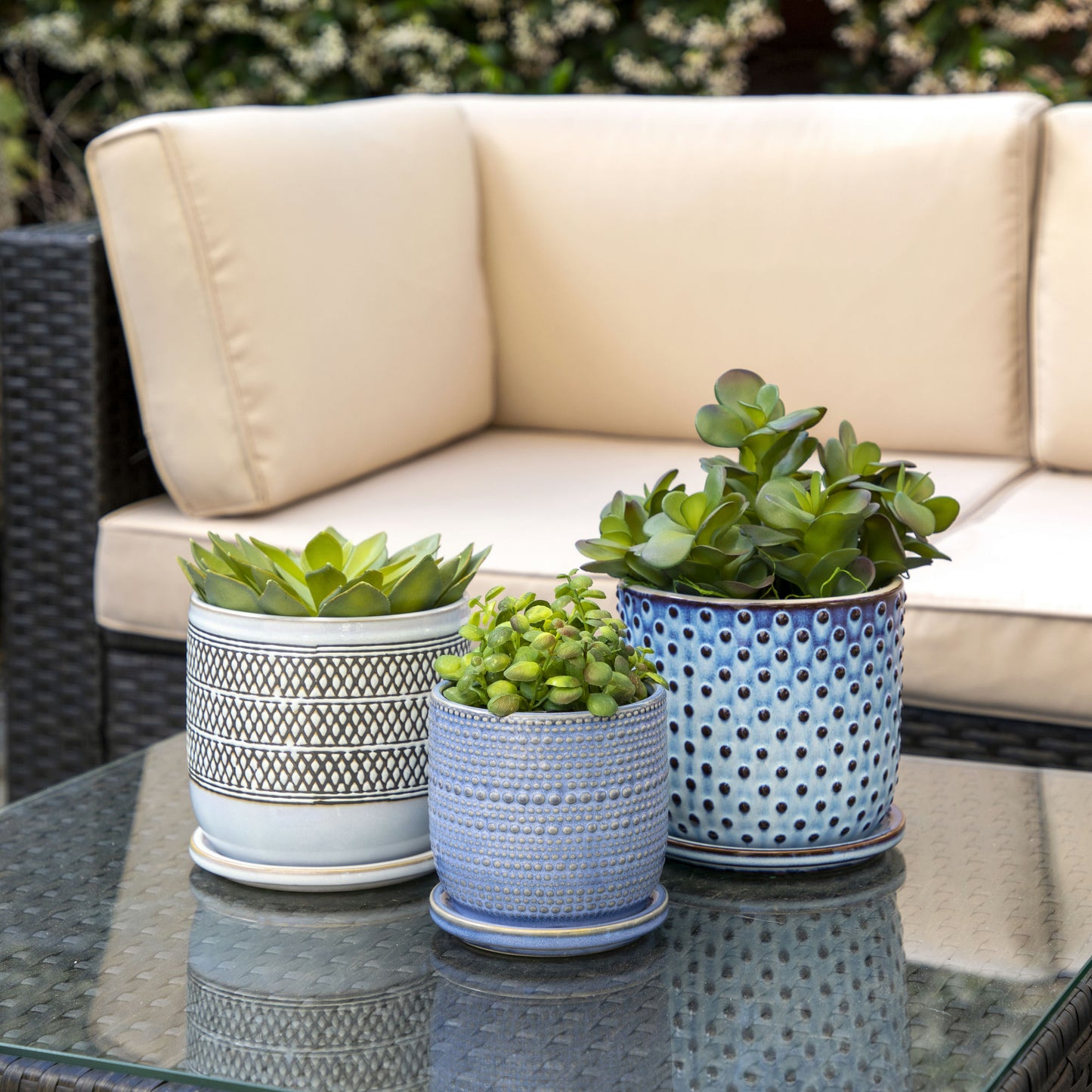 Ceramic 5" Textured Planter W/ Saucer, Blue