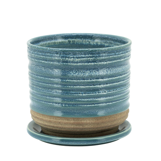 Ceramic 6" Textured Planterw/ Saucer, Aqua