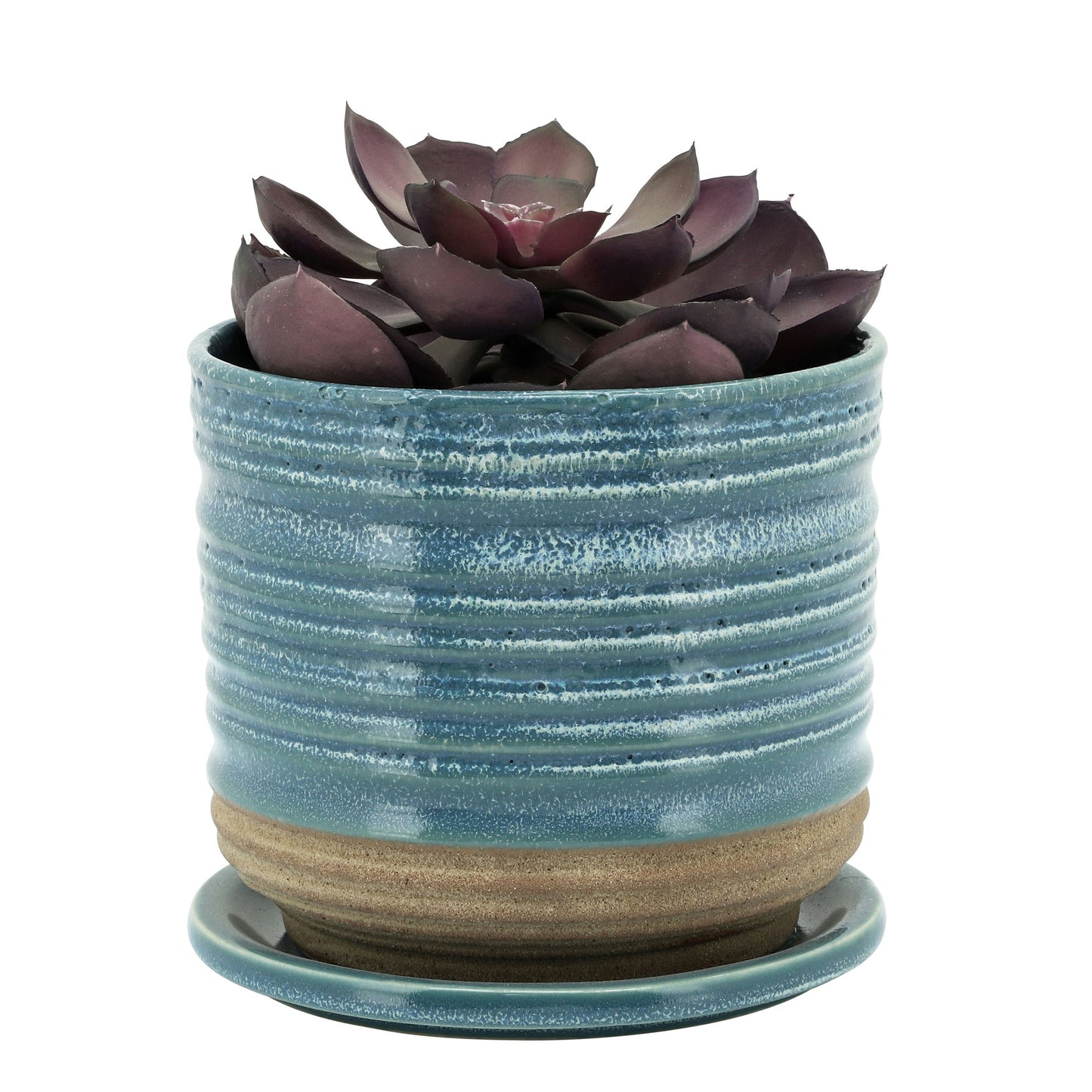 Ceramic 6" Textured Planterw/ Saucer, Aqua