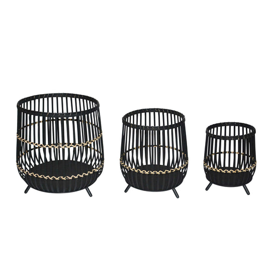 S/3 Bamboo Footed Planters 17/14/10", Black