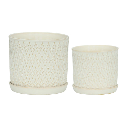 S/2 Chevron Planter 6/8" W/ Saucer, Beige