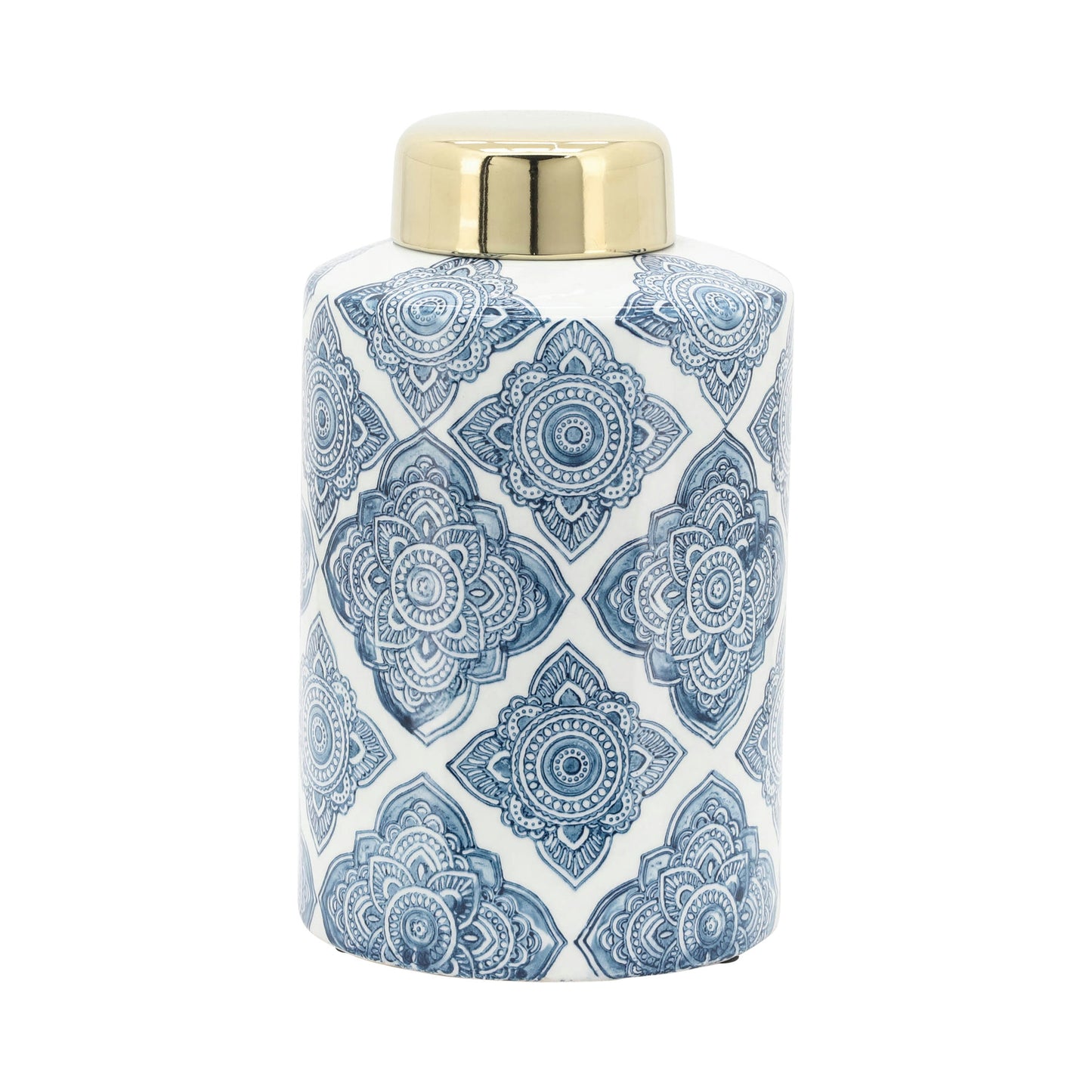 Cer, 9" Floral Jar With Gold Lid, Blue