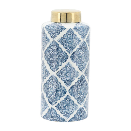 Cer,13" Floral Jar With Gold Lid, Blue