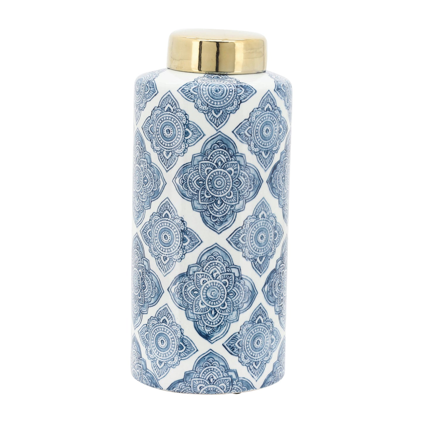 Cer,13" Floral Jar With Gold Lid, Blue