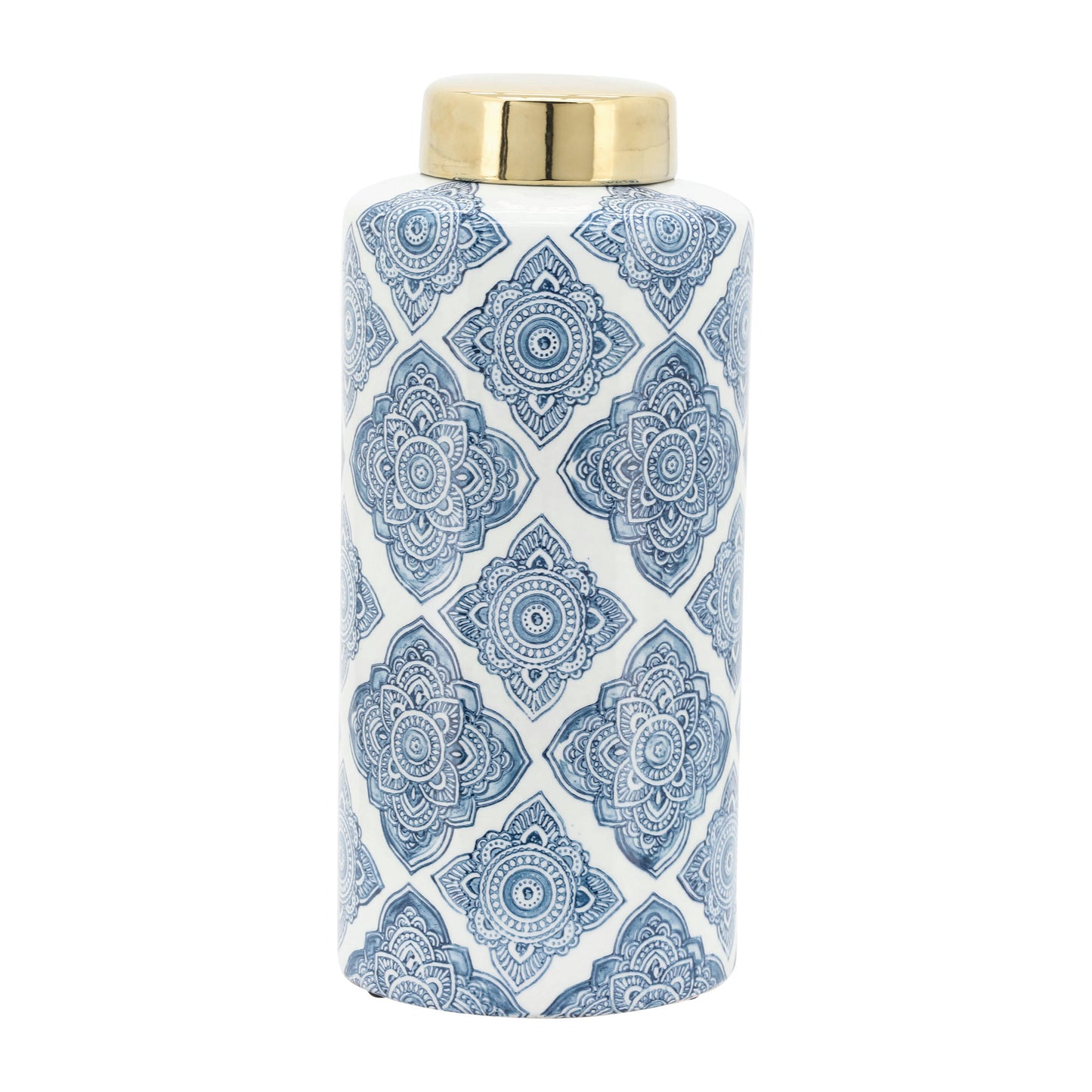 Cer,13" Floral Jar With Gold Lid, Blue