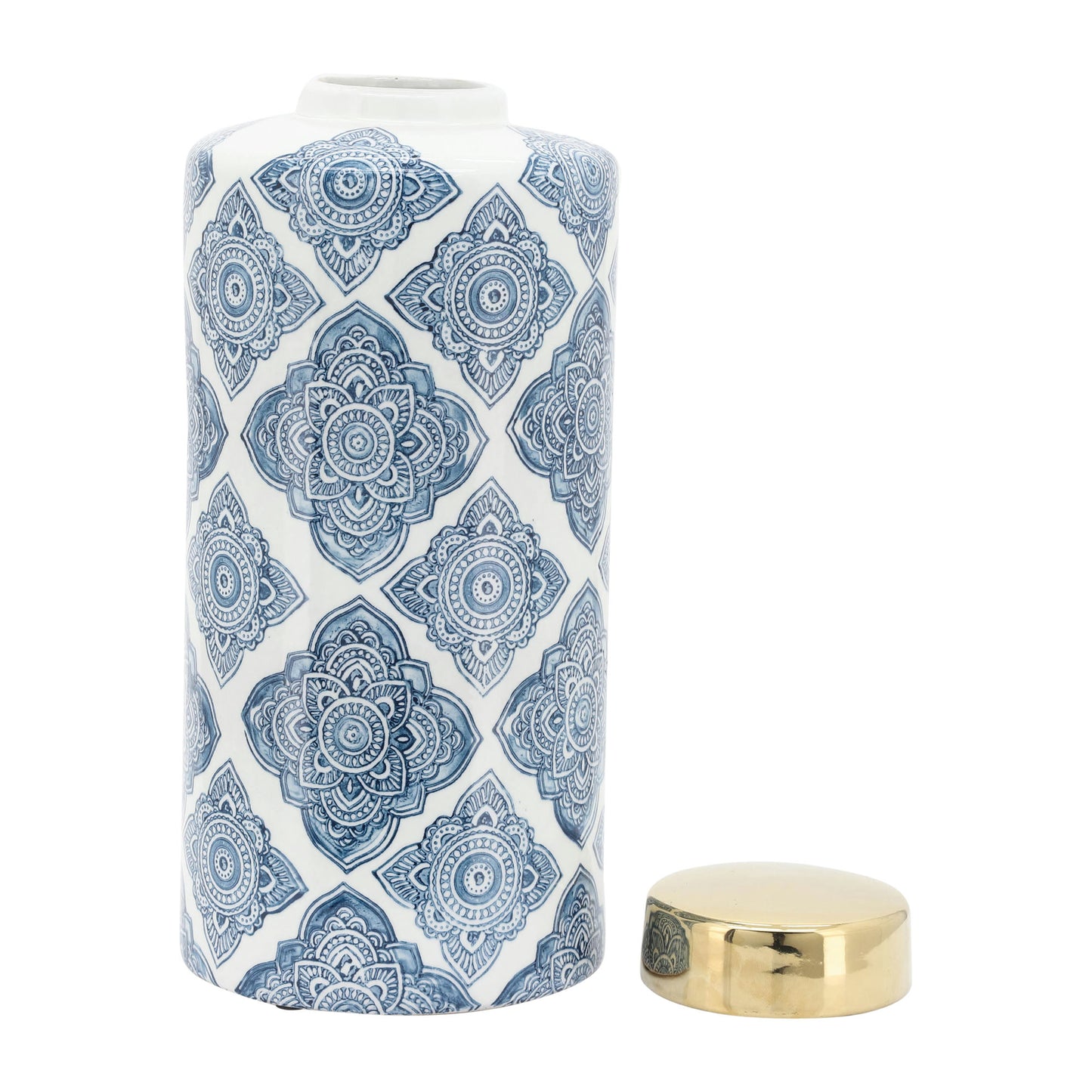 Cer,13" Floral Jar With Gold Lid, Blue