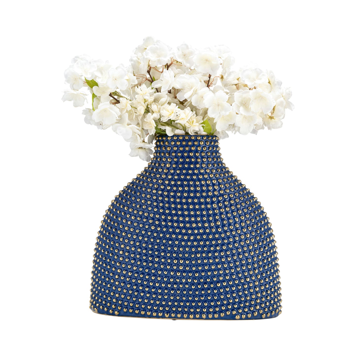 Ceramic 14" Beaded Vase, Navy/gold