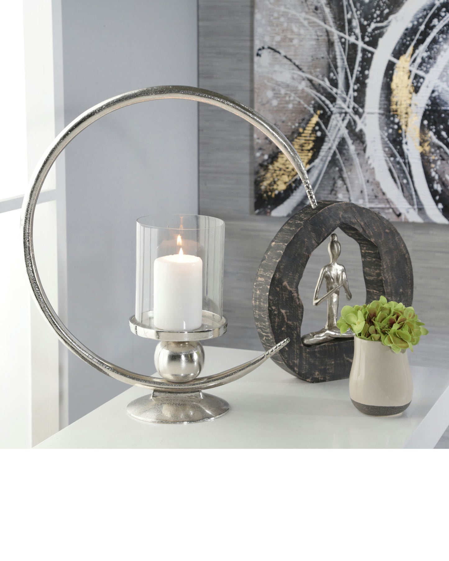Aluminum 19" Ring Candle Holder W/glass, Silver