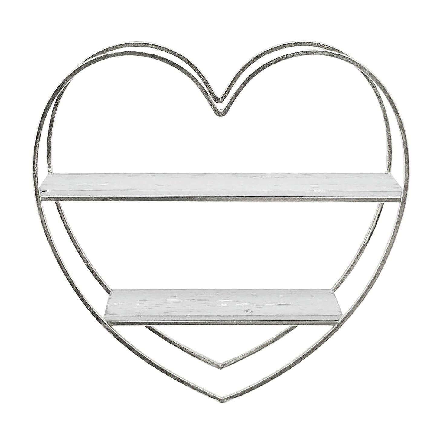 Metal/wood 2 Tier Heart Wall Shelf, White/silver