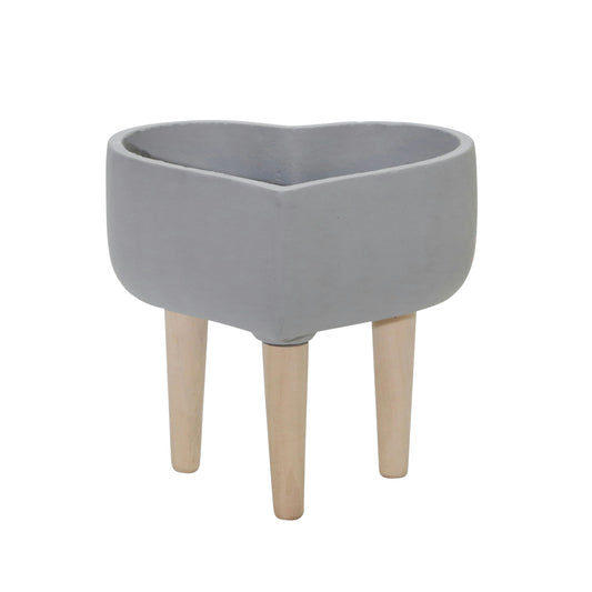 Ceramic 9" Heart Planter W/ Wooden Legs, Lt Gray