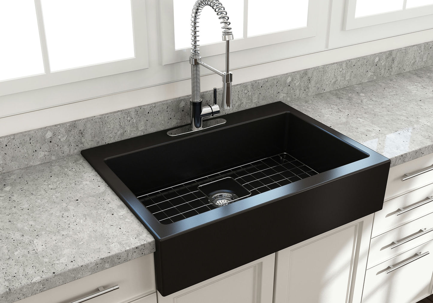 Nuova Apron Front Drop-In Fireclay 34" Single Bowl Kitchen Sink in Matte Black