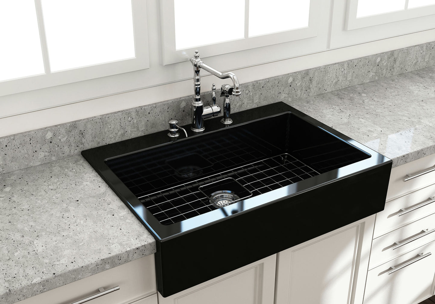 Nuova Apron Front Drop-In Fireclay 34" Single Bowl Kitchen Sink in Black