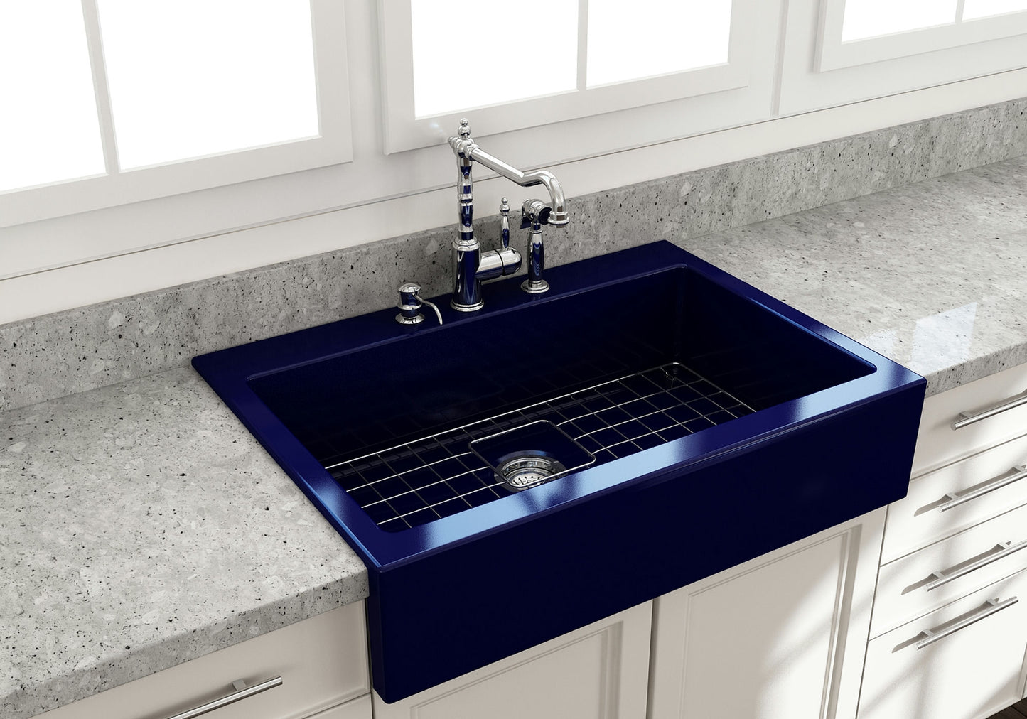 Nuova Apron Front Drop-In Fireclay 34" Single Bowl Kitchen Sink in Sapphire Blue