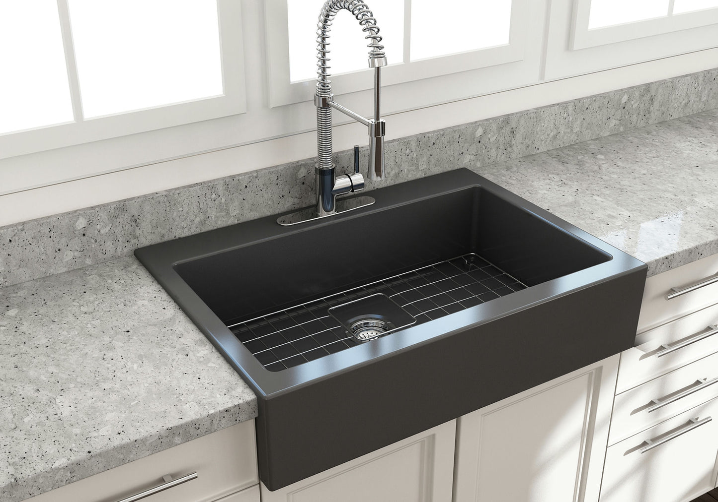 Nuova Apron Front Drop-In Fireclay 34" Single Bowl Kitchen Sink Matte Dark Gray