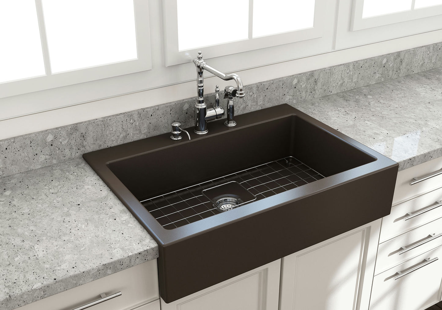 Nuova Apron Front Drop-In Fireclay 34" Single Bowl Kitchen Sink in Matte Brown