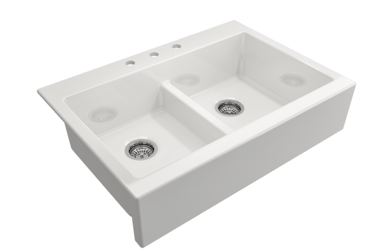 Nuova Apron Front Drop-In Fireclay 34" 50/50 Double Bowl Kitchen Sink in White