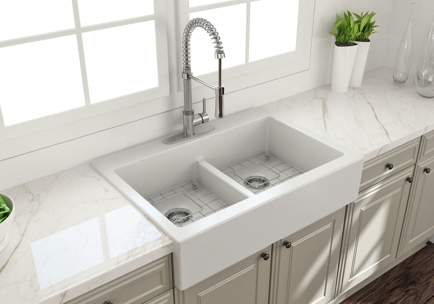 Nuova Apron Front Drop-In Fireclay 34" Double Bowl Kitchen Sink in Matte White