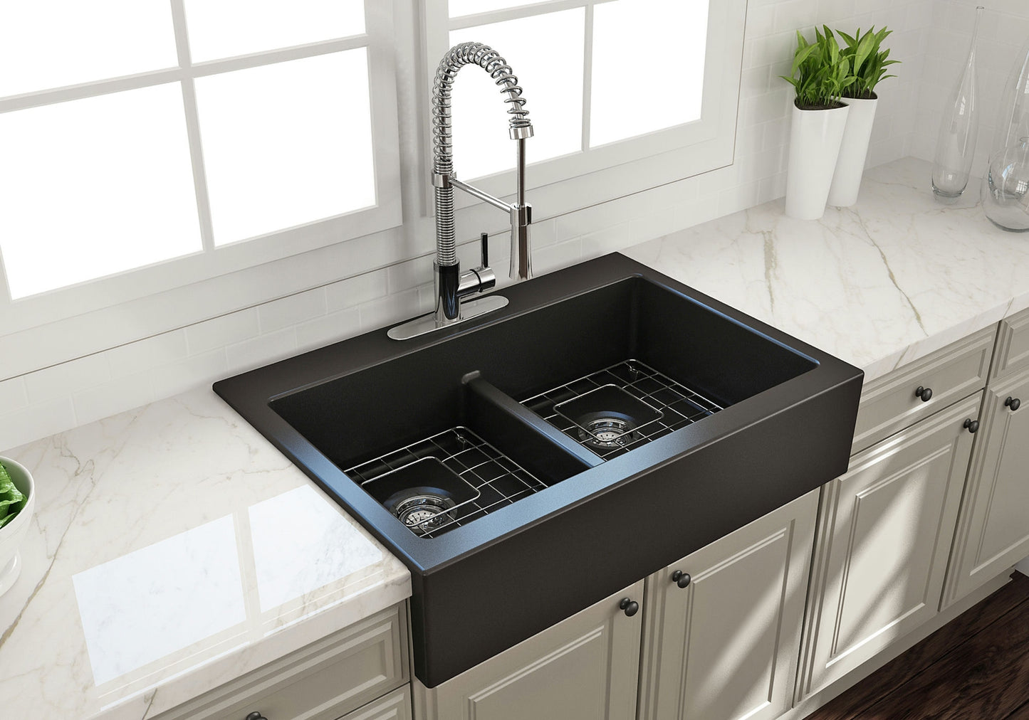 Nuova Apron Front Drop-In Fireclay 34" Double Bowl Kitchen Sink in Matte Black