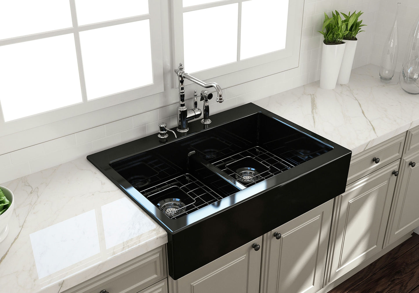 Nuova Apron Front Drop-In Fireclay 34" 50/50 Double Bowl Kitchen Sink in Black