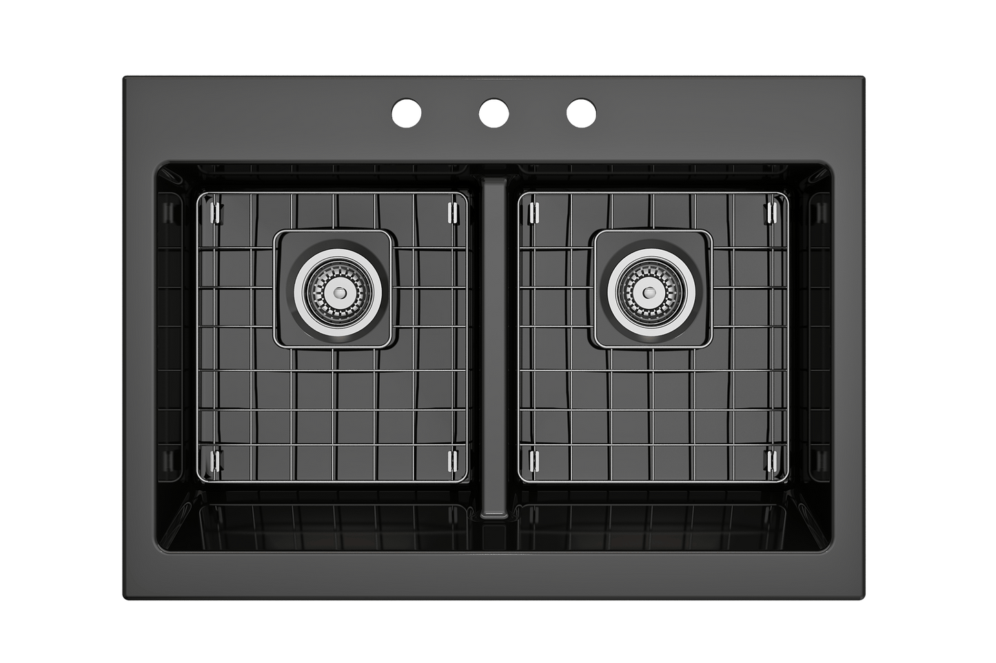 Nuova Apron Front Drop-In Fireclay 34" 50/50 Double Bowl Kitchen Sink in Black