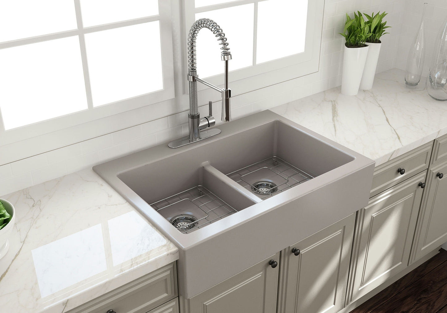 Nuova Apron Front Drop-In Fireclay 34" 50/50 Double Bowl Kitchen Sink Matte Gray