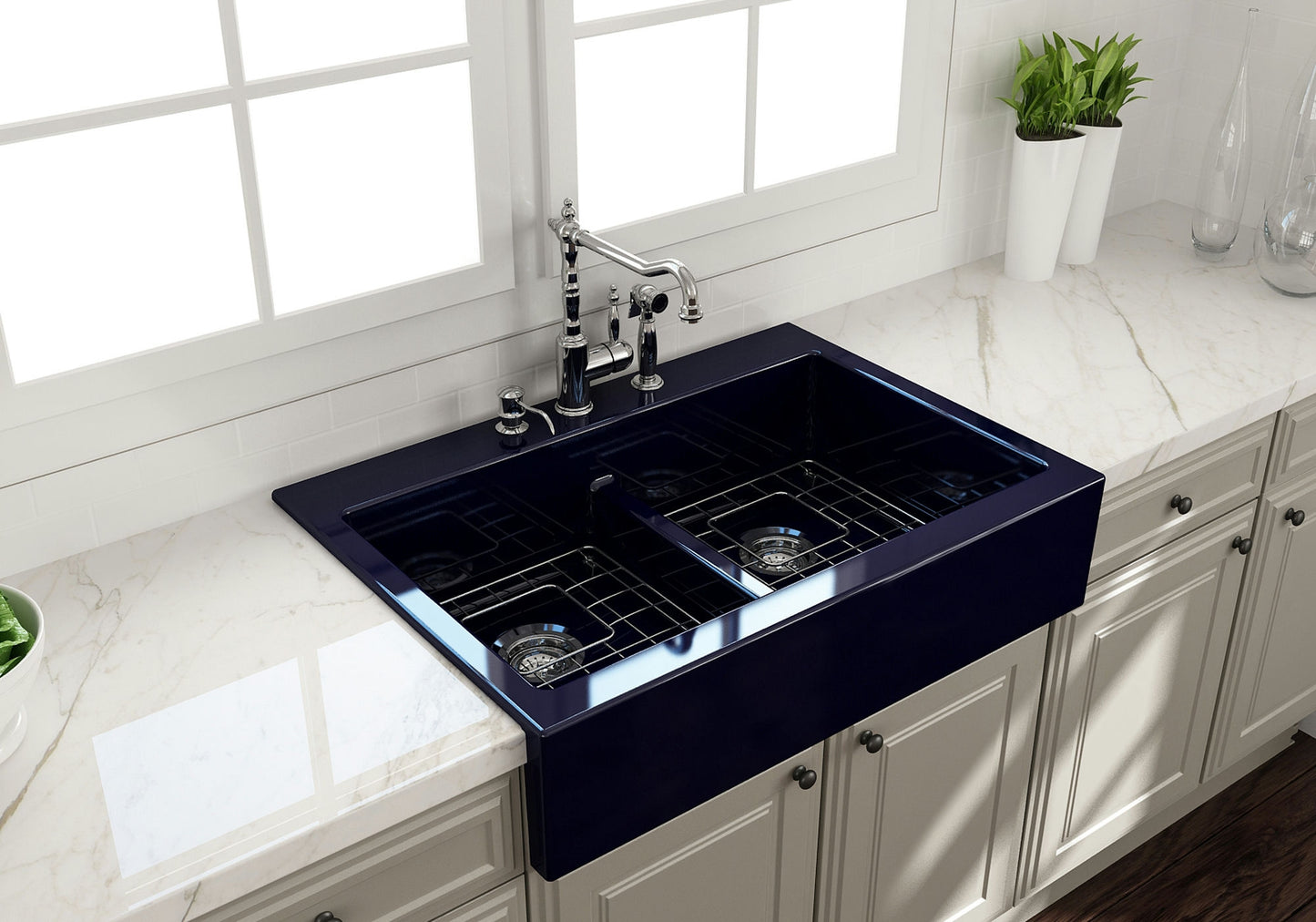 Nuova Apron Front Drop-In Fireclay 34" 50/50 Double Bowl Kitchen Sink in Blue