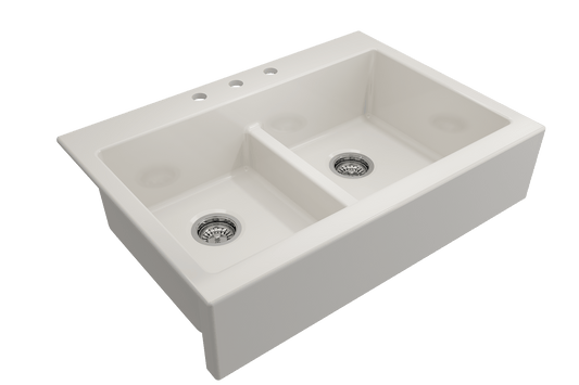 Nuova Apron Front Drop-In Fireclay 34" 50/50 Double Bowl Kitchen Sink in Biscuit