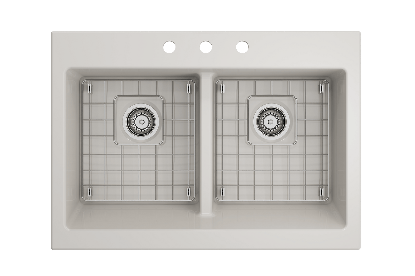 Nuova Apron Front Drop-In Fireclay 34" 50/50 Double Bowl Kitchen Sink in Biscuit