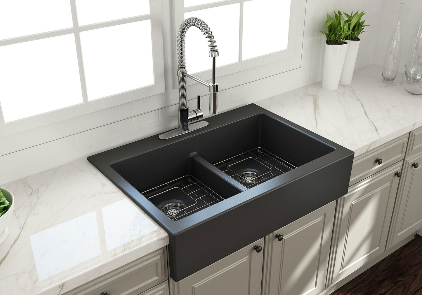 Nuova Apron Front Drop-In Fireclay 34" 50/50 Double Bowl Kitchen Sink Dark Gray