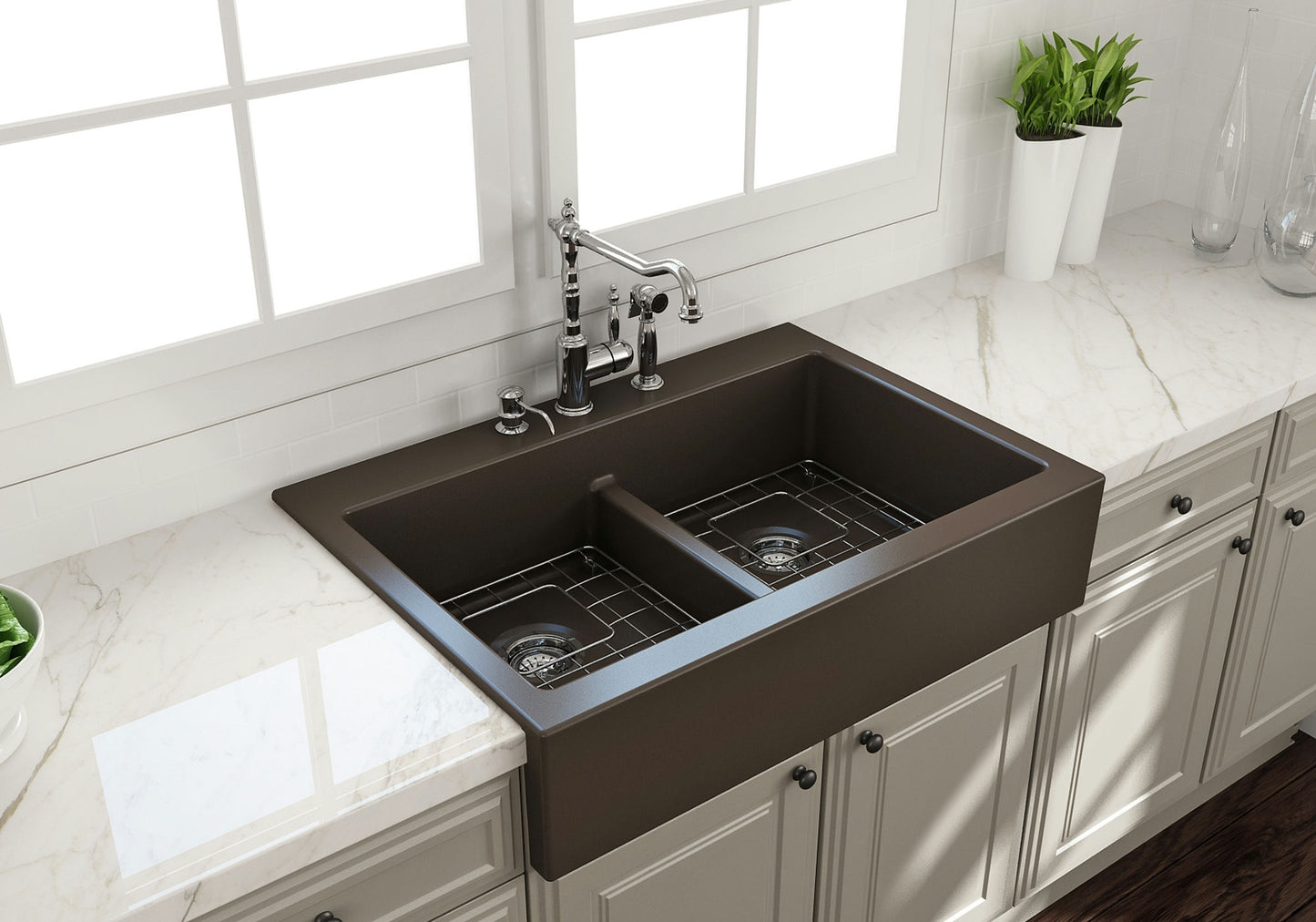 Nuova Apron Front Drop-In Fireclay 34" 50/50 Double Bowl Kitchen Sink in Brown