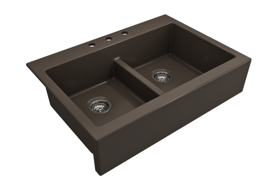 Nuova Apron Front Drop-In Fireclay 34" 50/50 Double Bowl Kitchen Sink in Brown