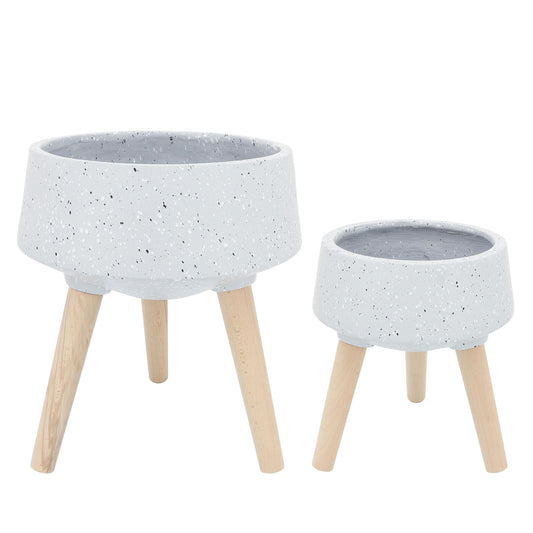 S/2 11/15" Terrazzo Planter W/ Wood Legs, Gray