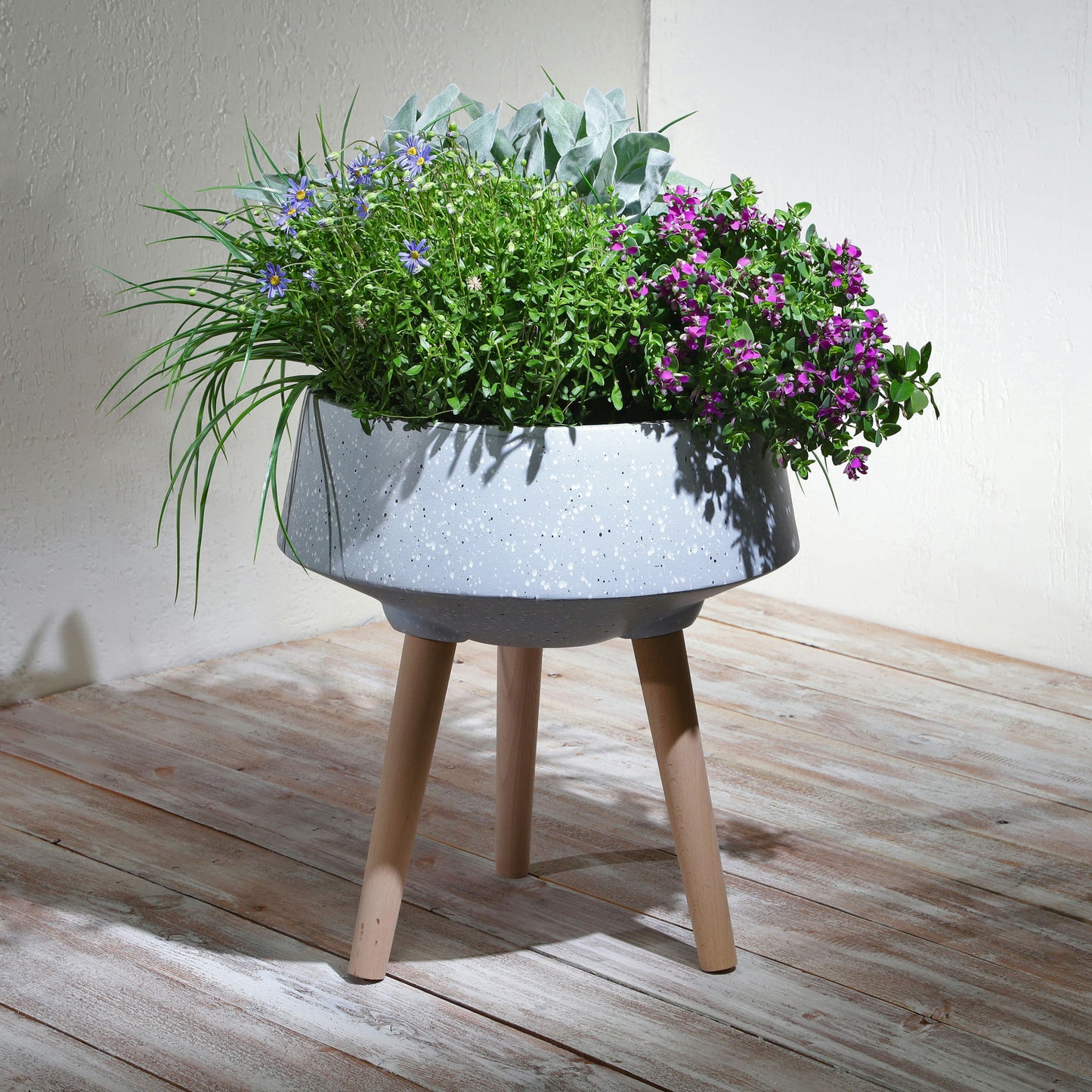 18" Terrazzo Planter W/ Wood Legs, Gray