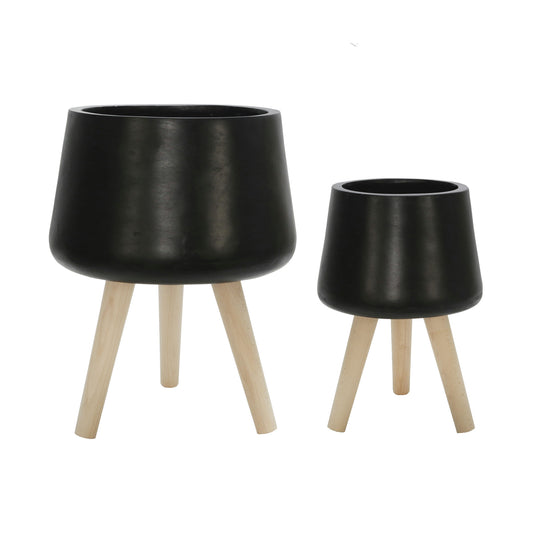 S/2 11/15" Planter W/ Wood Legs, Matte Black