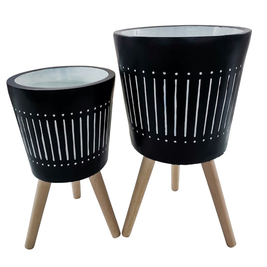 S/2 10/12" Planter W/ Wood Legs, Navy Kd