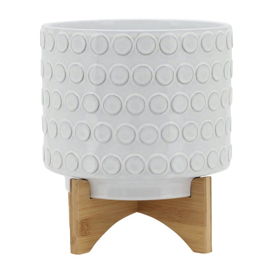 Ceramic 10" Planter On Wooden Stand, Ivory