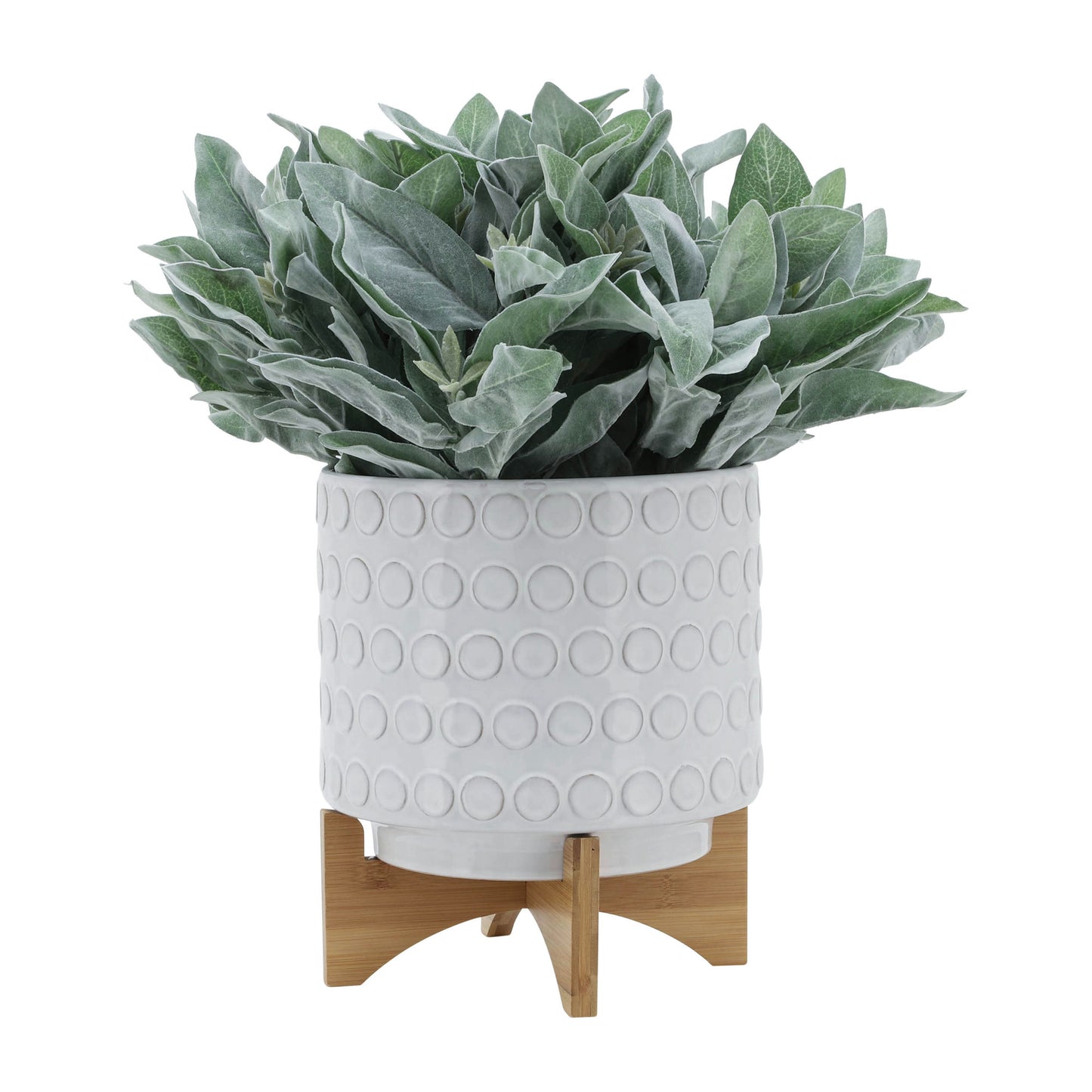 Ceramic 10" Planter On Wooden Stand, Ivory