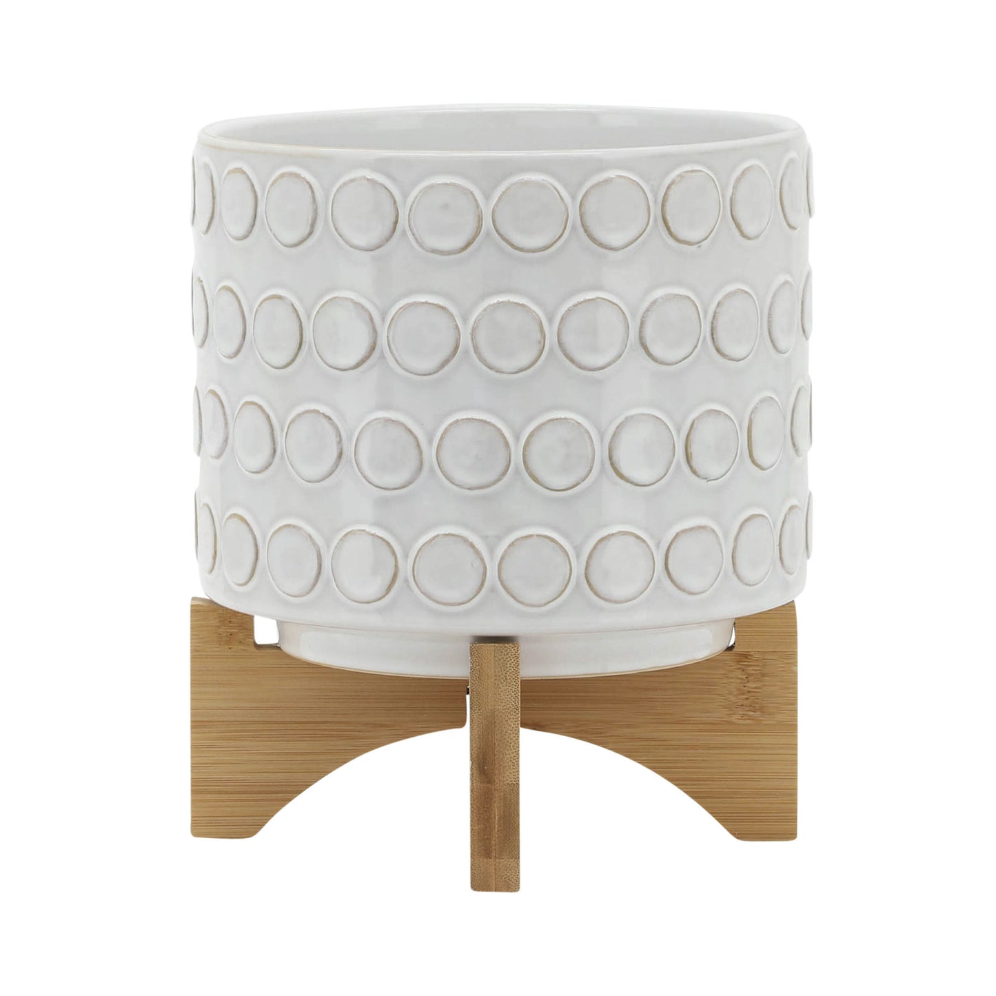 Ceramic 8" Planter On Wooden Stand, Ivory