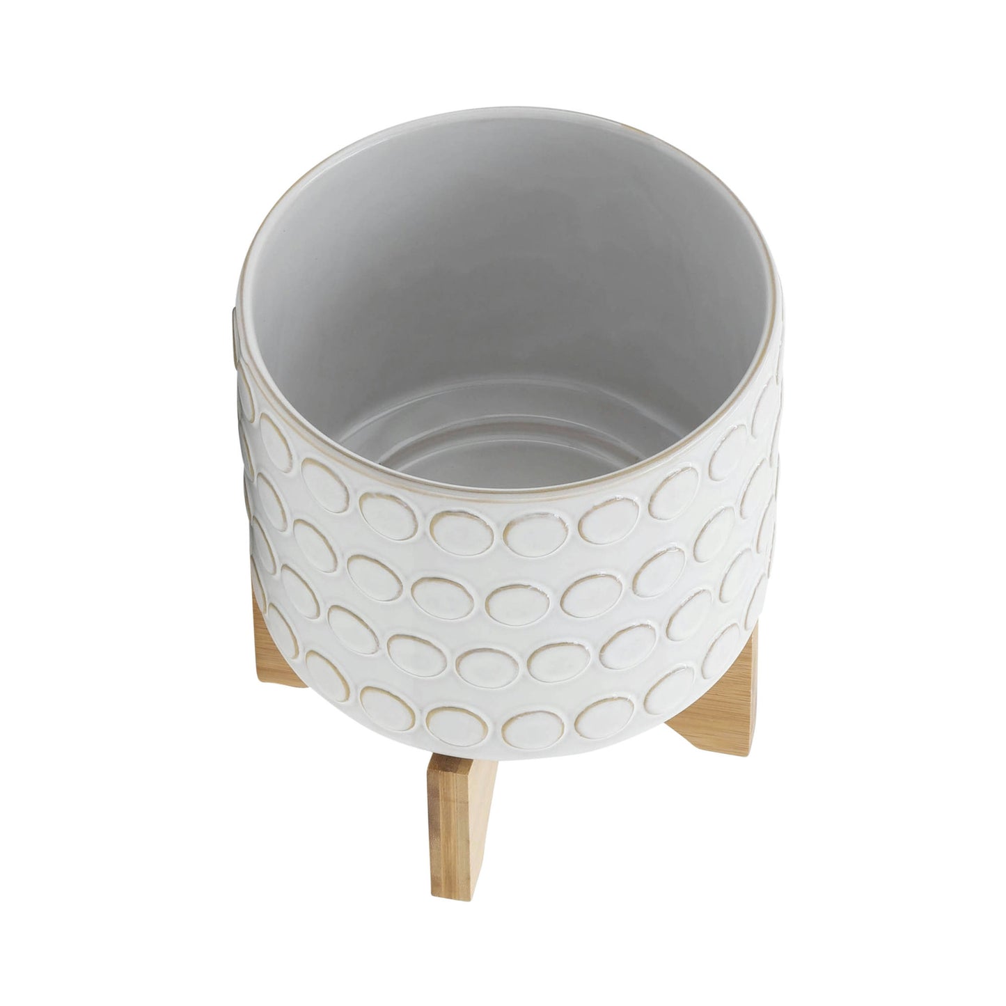 Ceramic 8" Planter On Wooden Stand, Ivory