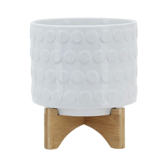 Ceramic 8" Planter On Wooden Stand, White