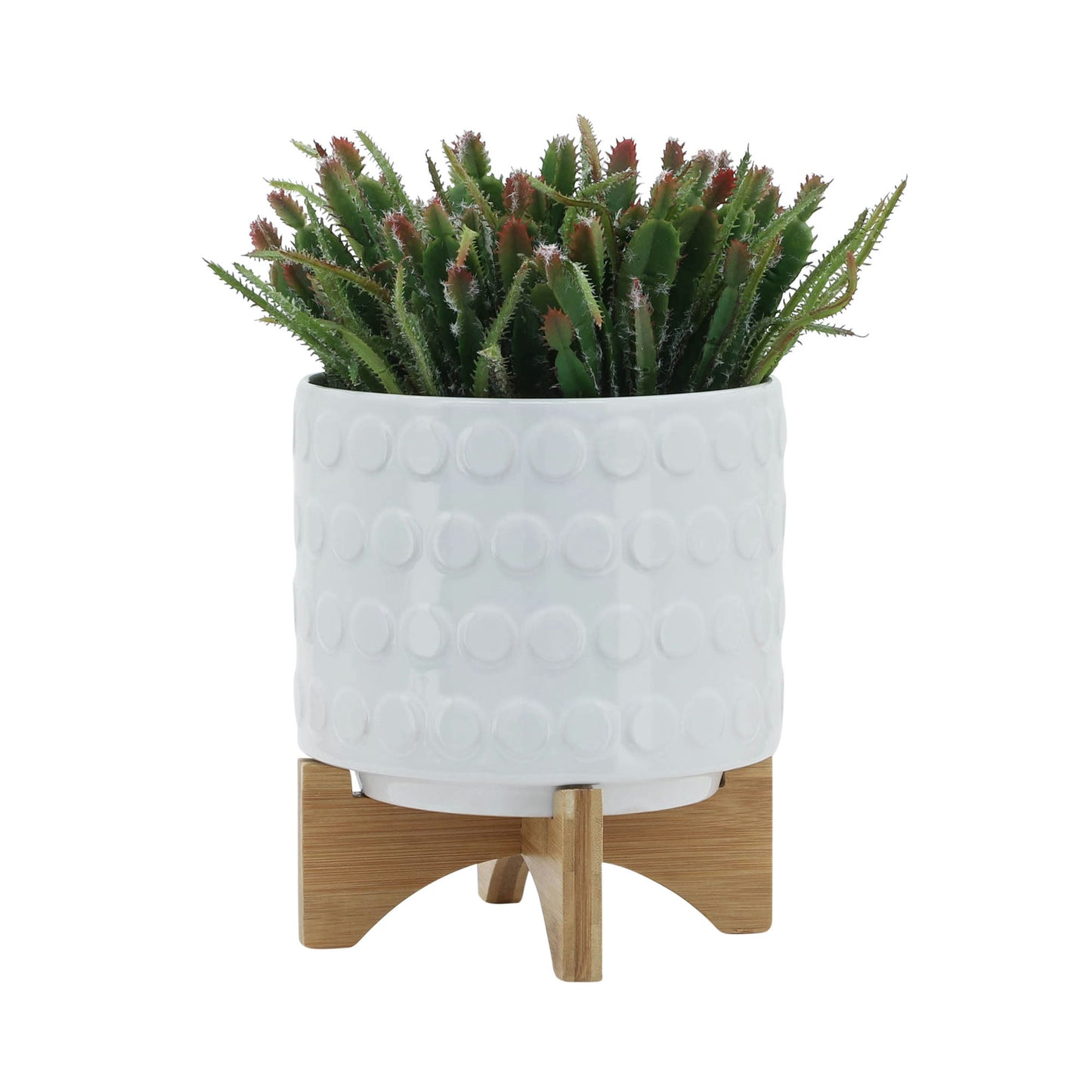 Ceramic 8" Planter On Wooden Stand, White