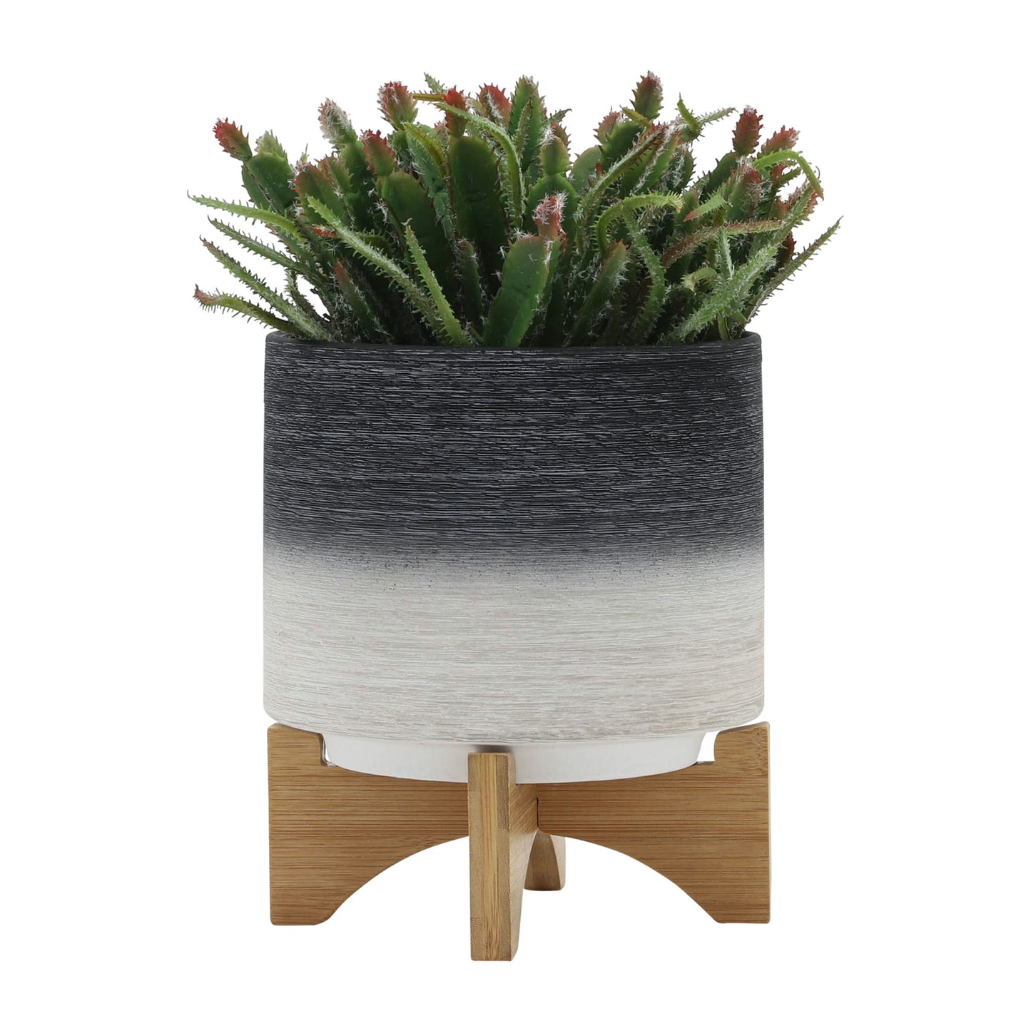 Ceramic 8" Planter On Wooden Stand, Gray