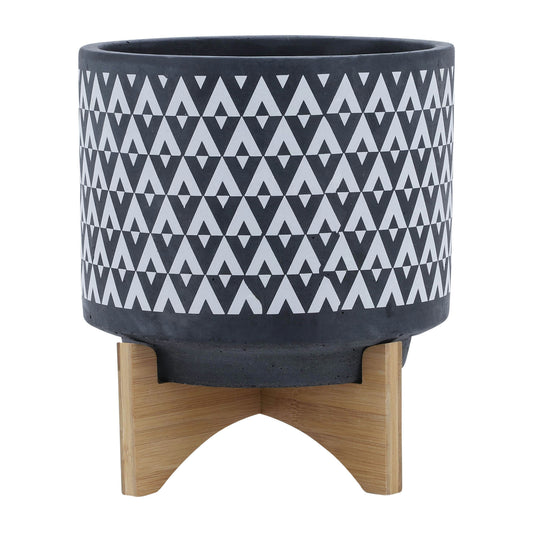 Ceramic 10" Aztec Planter On Wooden Stand, Gray & White