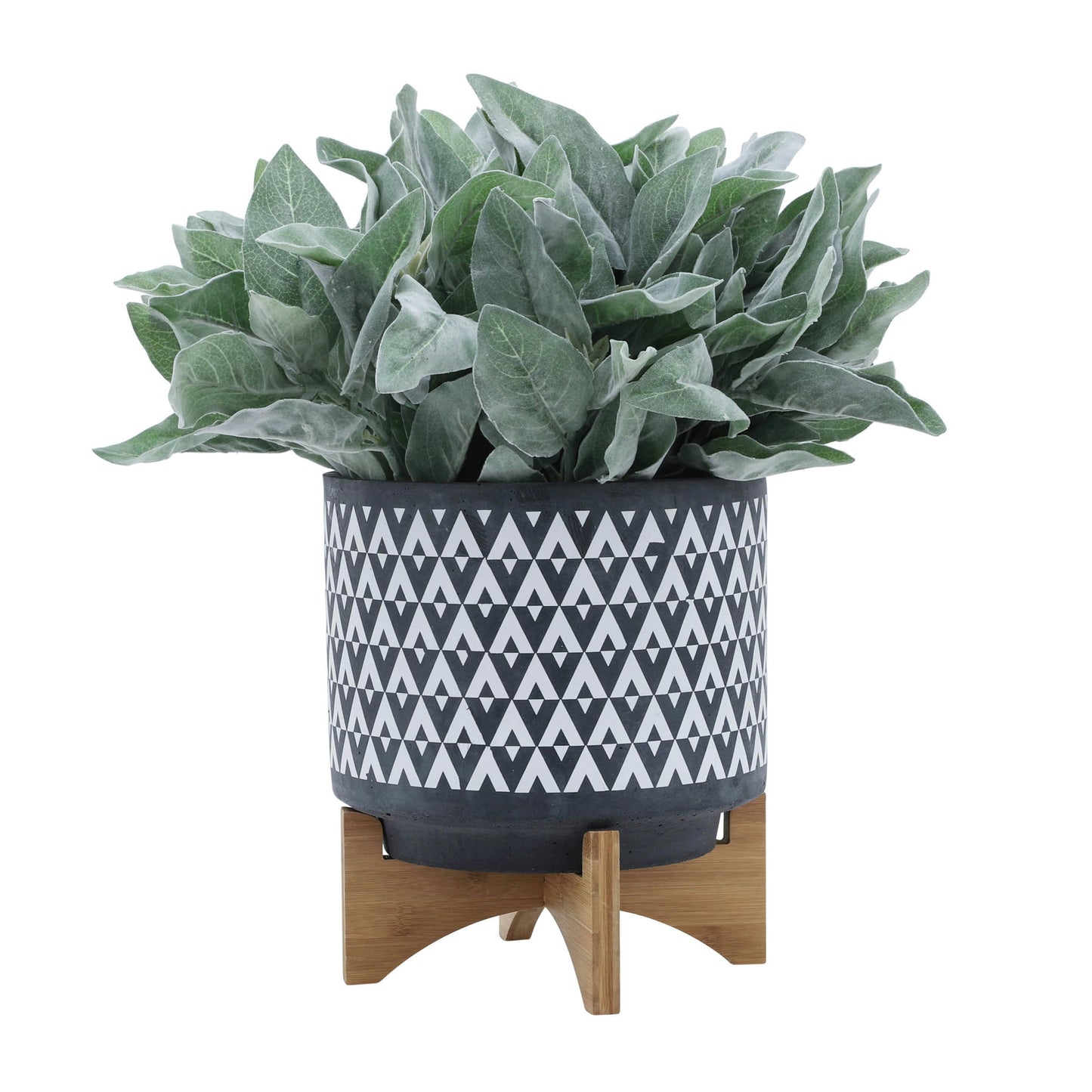 Ceramic 10" Aztec Planter On Wooden Stand, Gray & White