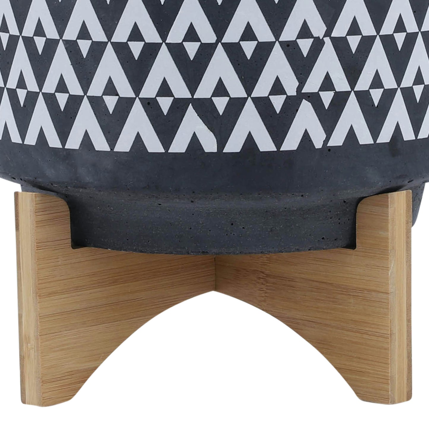 Ceramic 10" Aztec Planter On Wooden Stand, Gray & White
