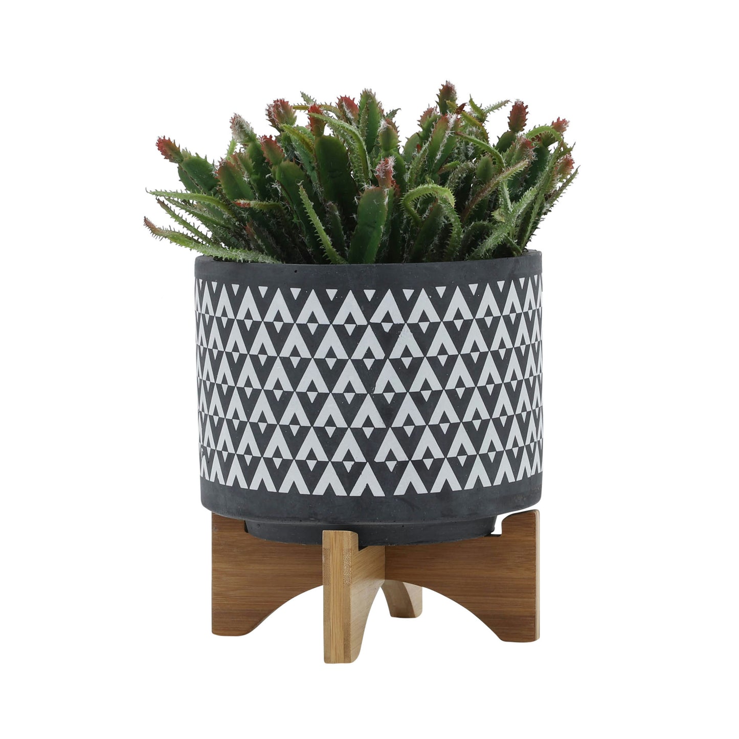 Ceramic 8" Aztec Planter On Wooden Stand, Gray