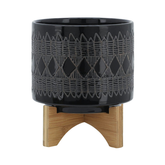 Ceramic 8" Aztec Planter On Wooden Stand, Black