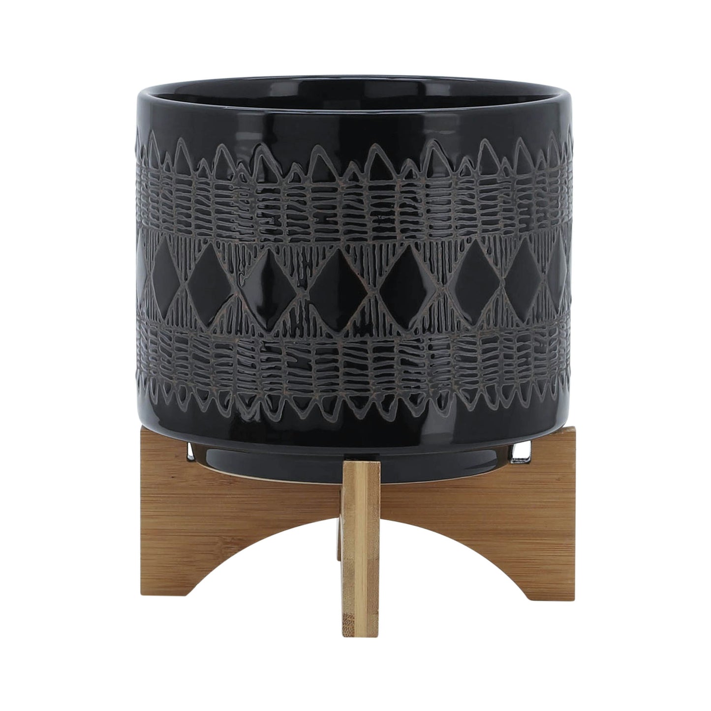 Ceramic 8" Aztec Planter On Wooden Stand, Black