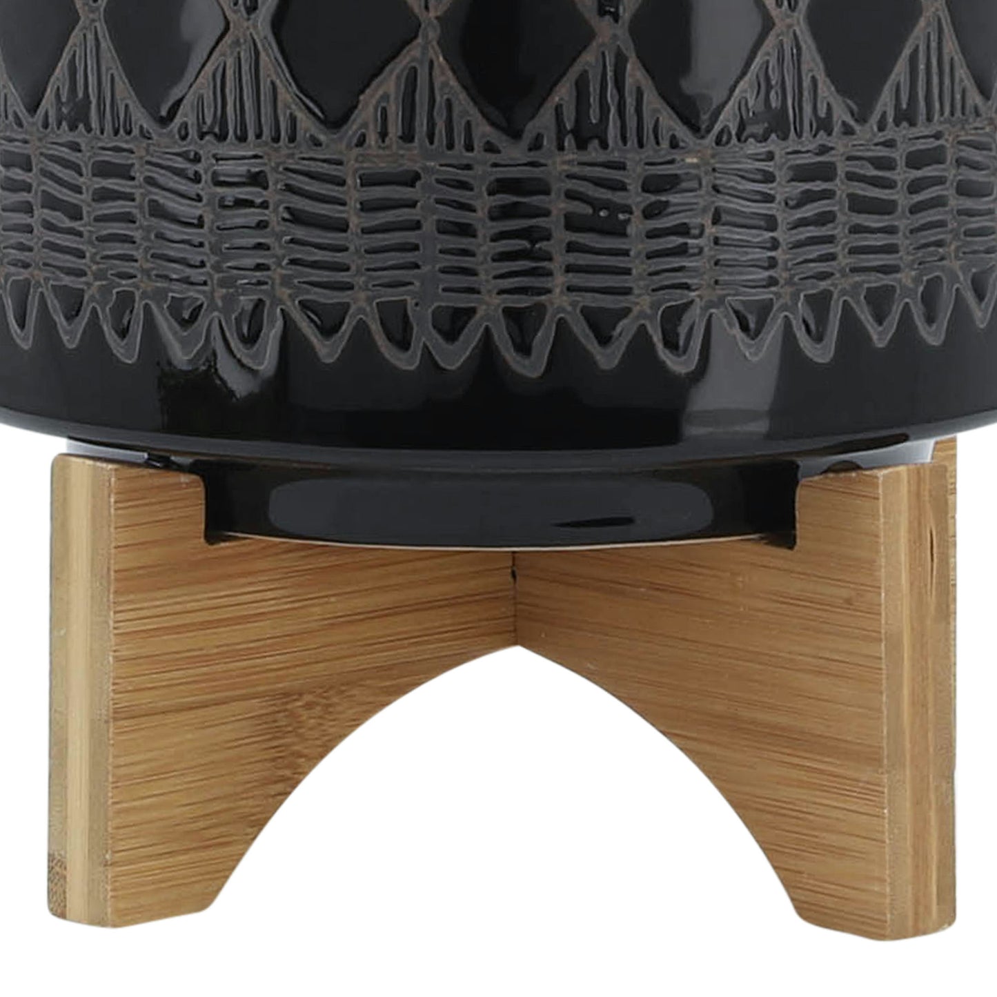 Ceramic 8" Aztec Planter On Wooden Stand, Black